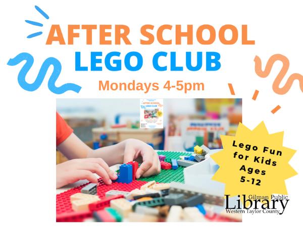 After School Lego Club on Mondays from 4-5pm
